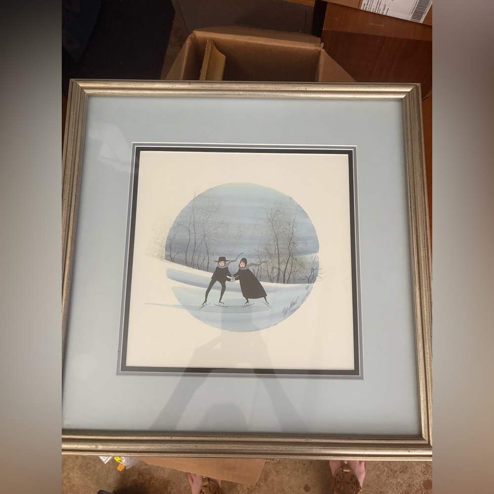 Framed P. Buckley Moss skating partners 1988 Amish, Folk Art